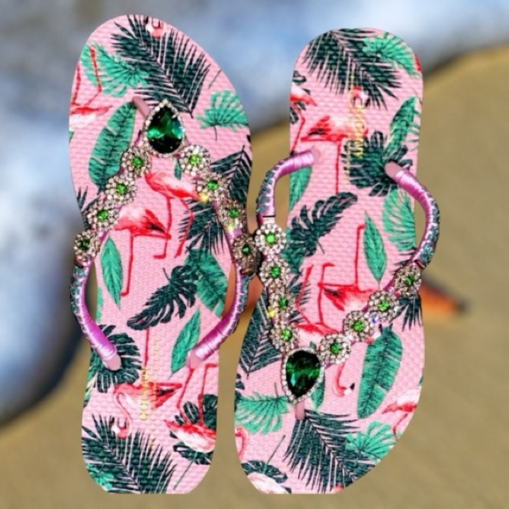 Pink Flamingo Flip Flops, Tropical Bird Sandals, Beach Shoes, Bachelorette Party